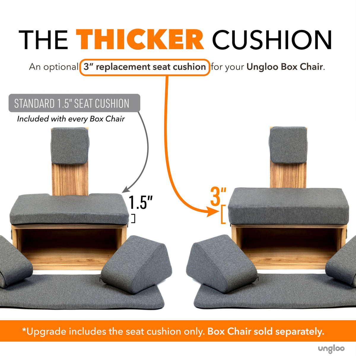 Close-up of The Thicker Cushion by Ungloo Store showing a plush, 3-inch thick foam cushion with a soft fabric cover.