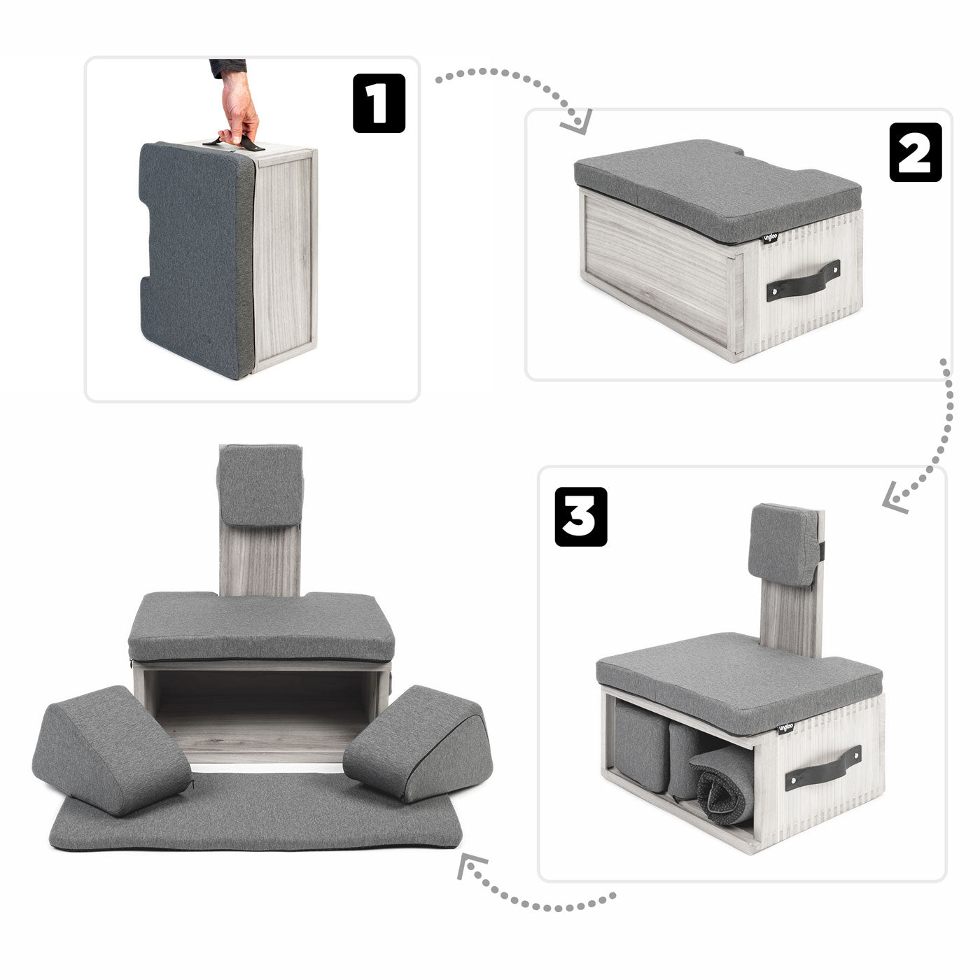 Gray Ungloo Box portable meditation chair with back and hip support, shown opening in natural wood finish.