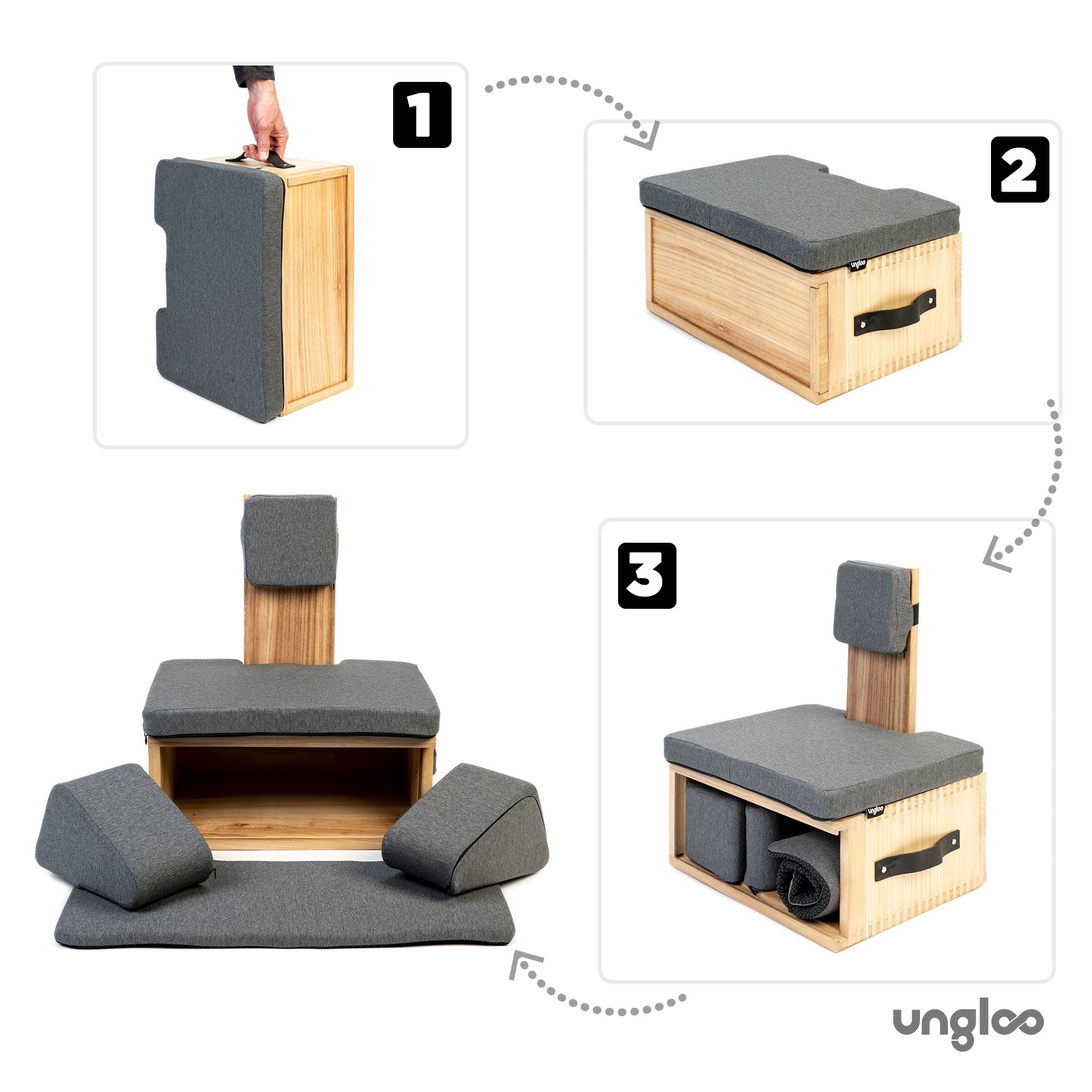 Open natural wooden Ungloo meditation chair with back and hip support, showcasing its portable design and ergonomic features.