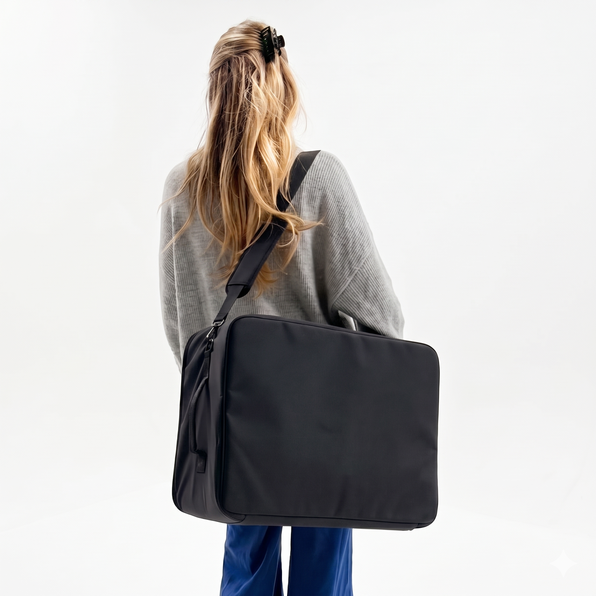 Lily holding a rectangular travel case for a large box meditation chair by Ungloo Store.