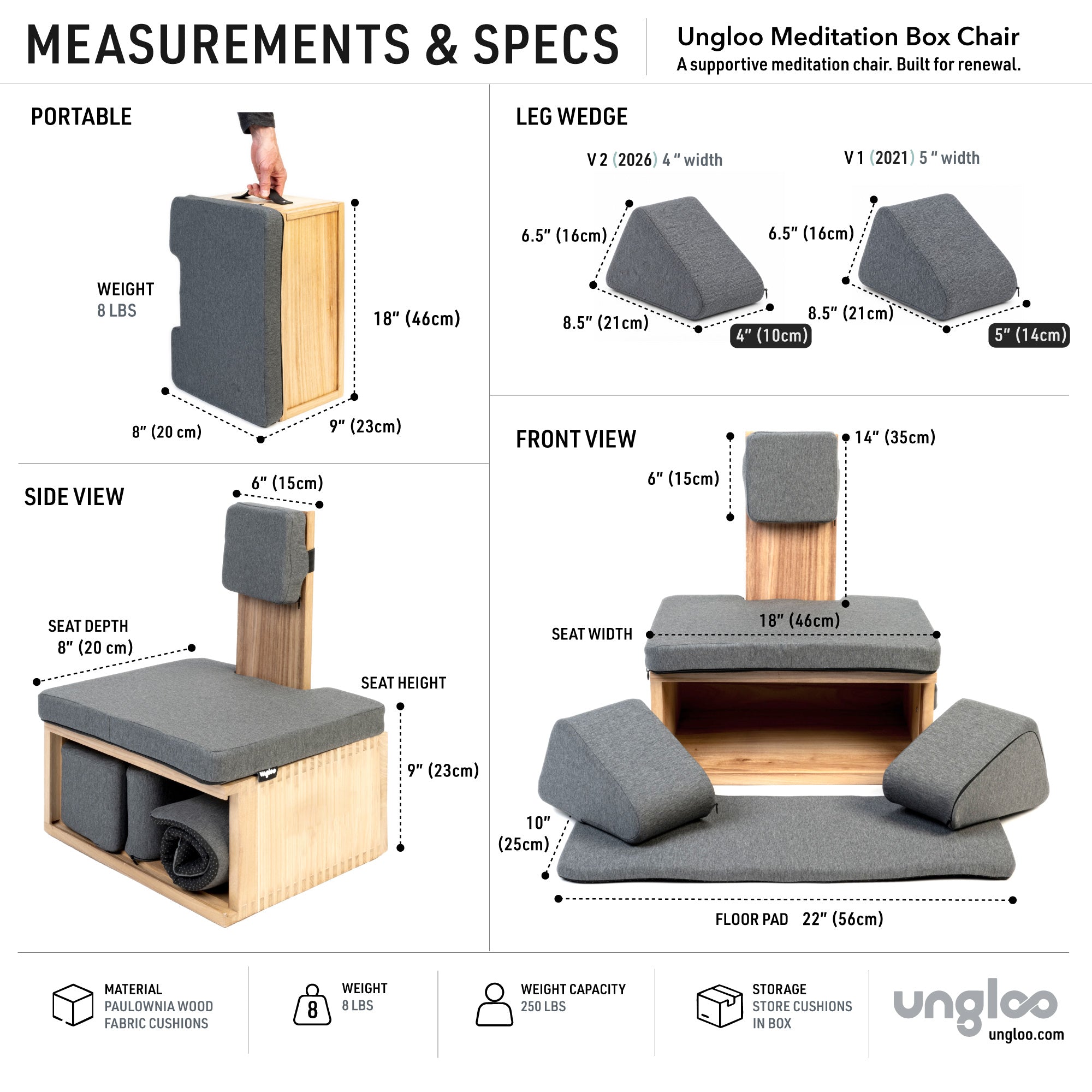 Natural Box Meditation Chair by Ungloo Store with detailed measurements and specifications, showcasing its natural wooden design.