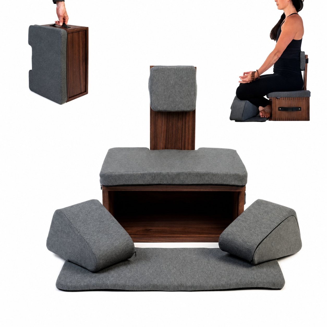 Soha chestnut Ungloo Box portable meditation chair with back and hip support, compact and ergonomic for comfortable meditation sessions.