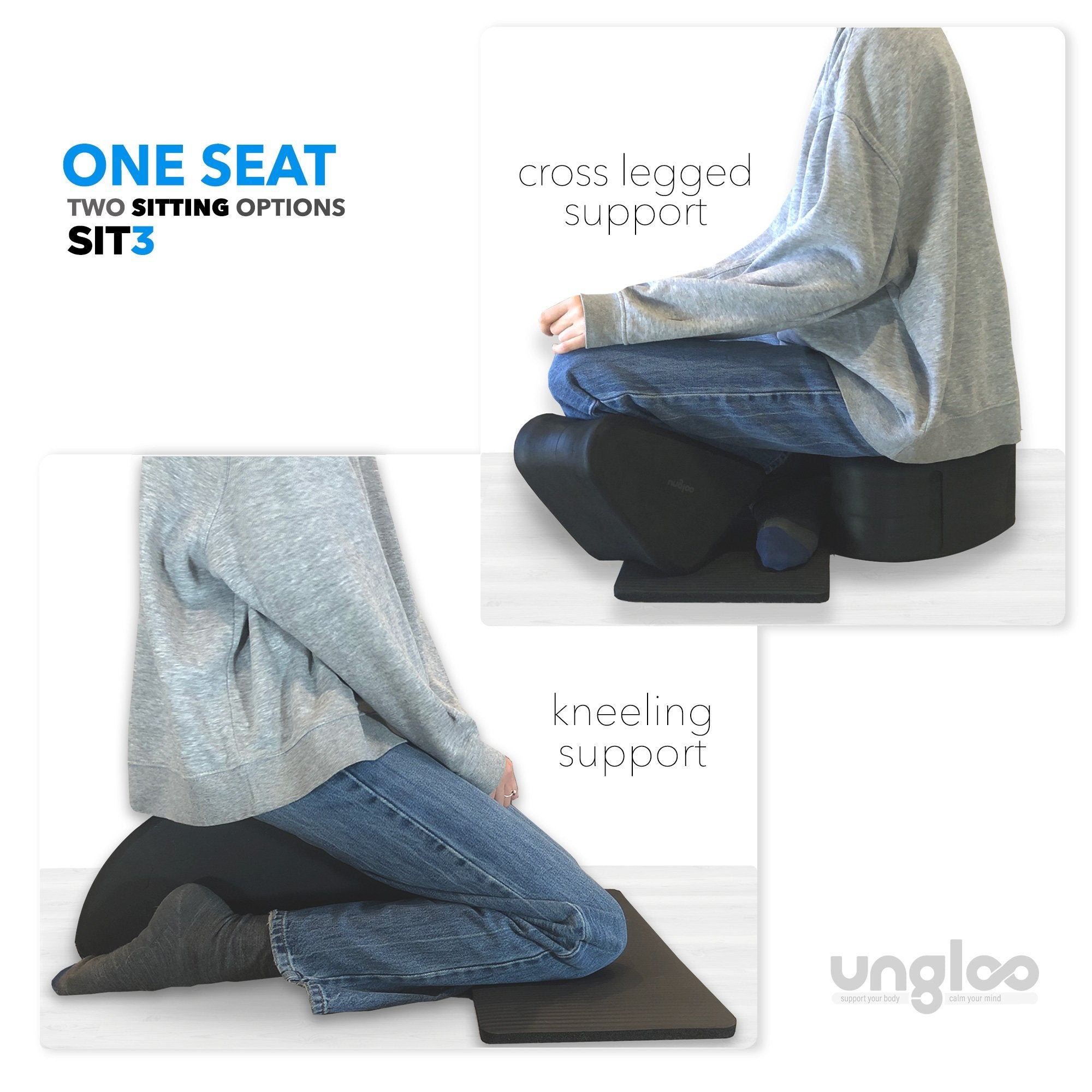Image showing how to use the SIT3 while meditating in a kneeling or cross legged support
