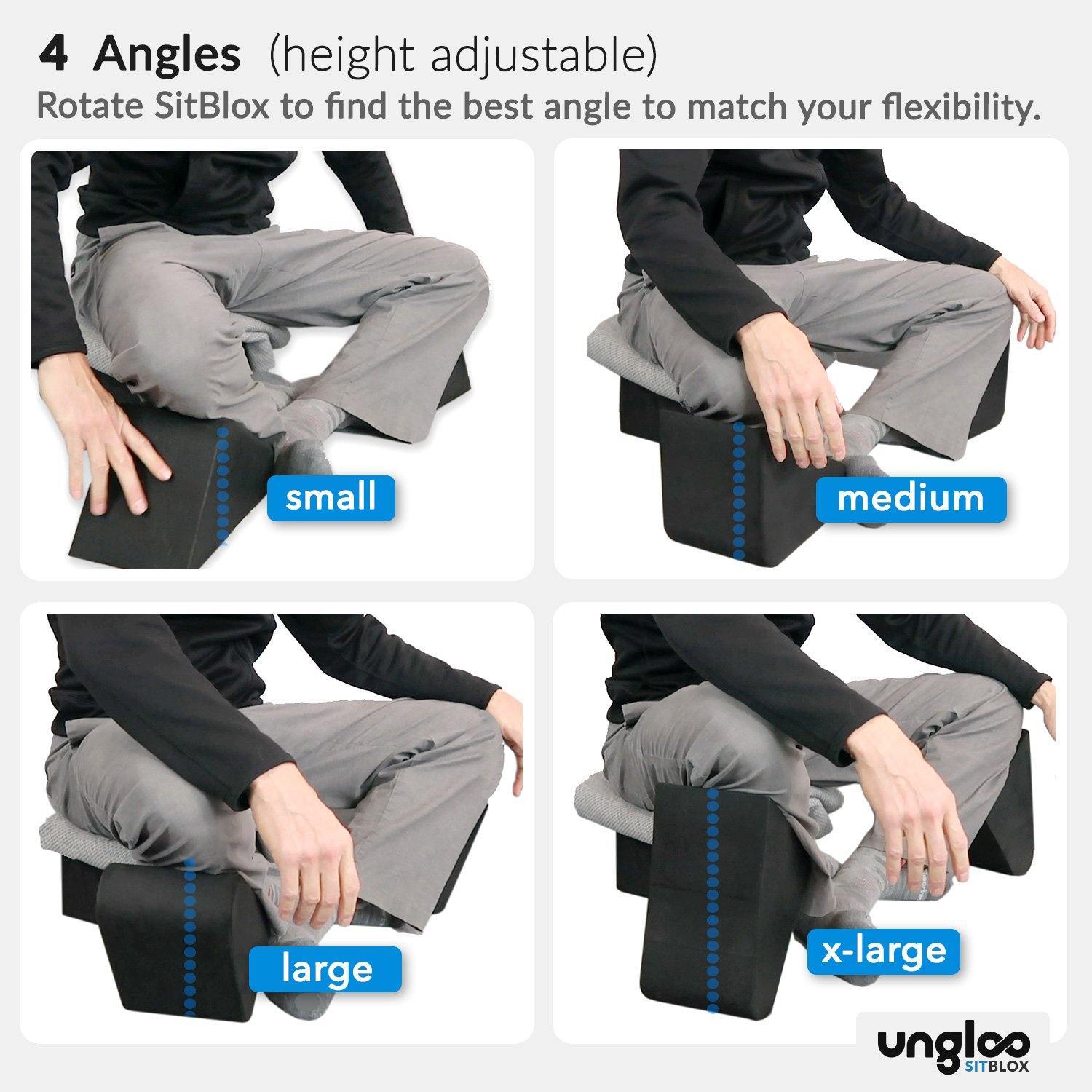 Graphic showing how the SitBlox are adjustable from Small to X-Large by changing their position.