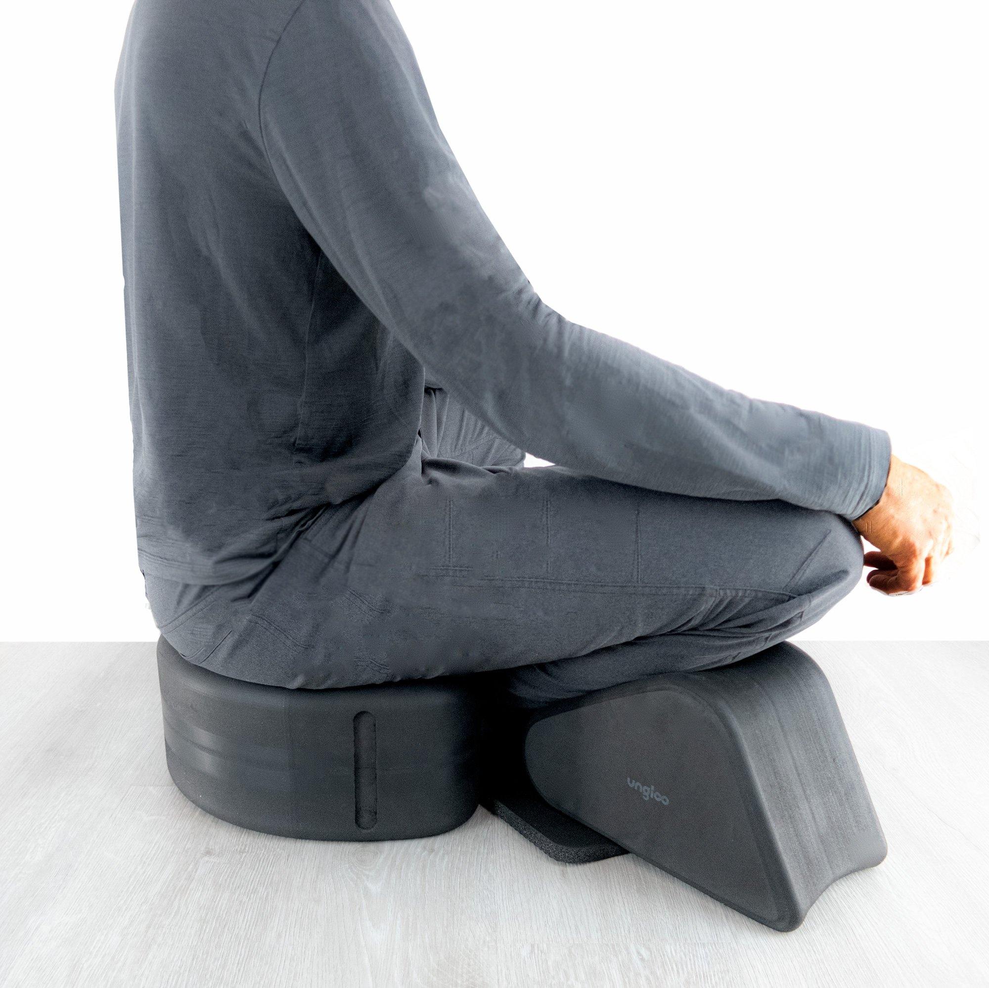 Image showing how the SIT3 meditation kit supports you while sitting cross legged. 