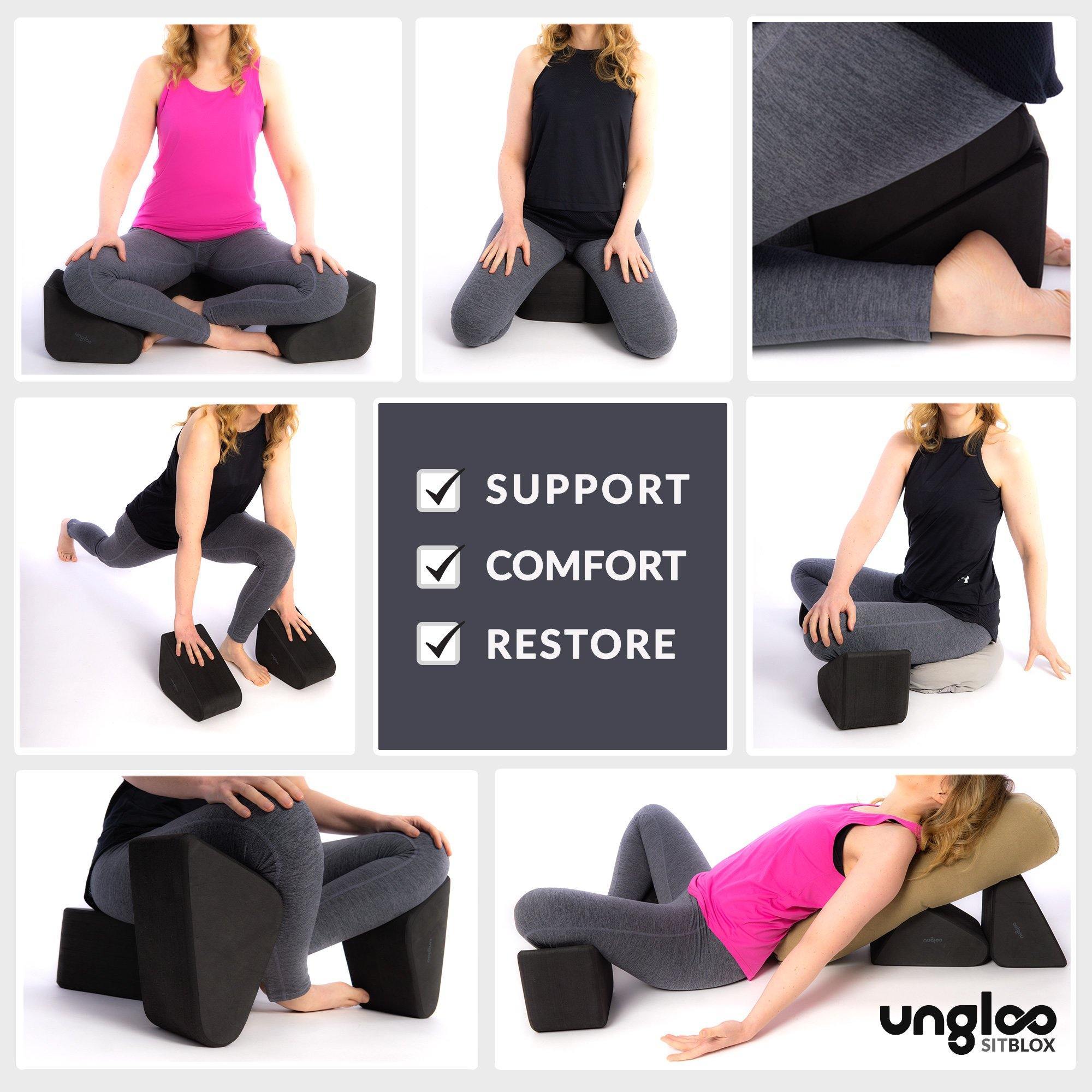 Image showing how versatile the sitblox product us.  It can be used as meditation blocks, stretching, comfort and more.